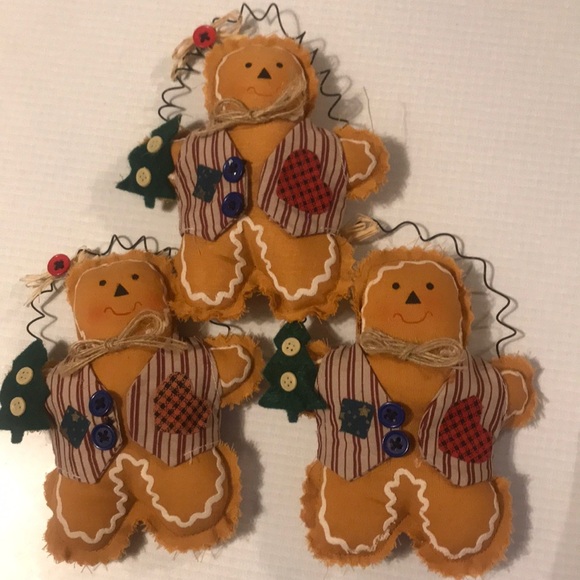 Vintage set if 3 ginger bread cookie Christmas tree ornaments & one canvas bag - Picture 1 of 16